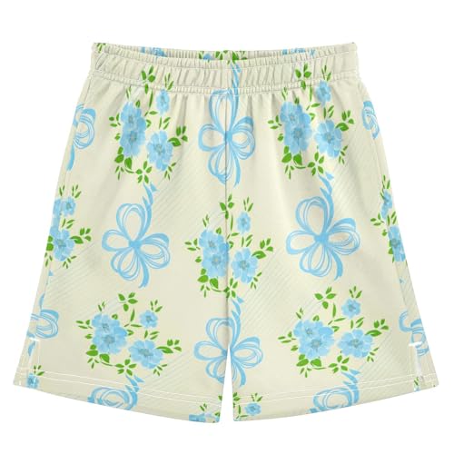 Light Blue Flowers Athletic Shorts with Zipper Pockets, Youth Boys Athletic Running Shorts for Summer