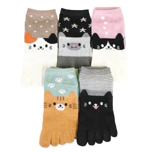 Image of Japanese Cat Design Toe Five Finger Socks (Set of 5 Pairs) Athletic No Show Split Toe Socks Colorful