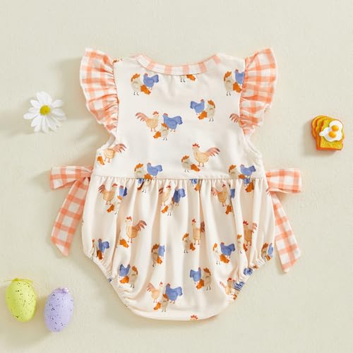 Newborn Baby Girl Outfits Farm Chicken Plaid Sleeveless Ruffle Smocked Romper Infant Bodysuit Western Clothes Summer3