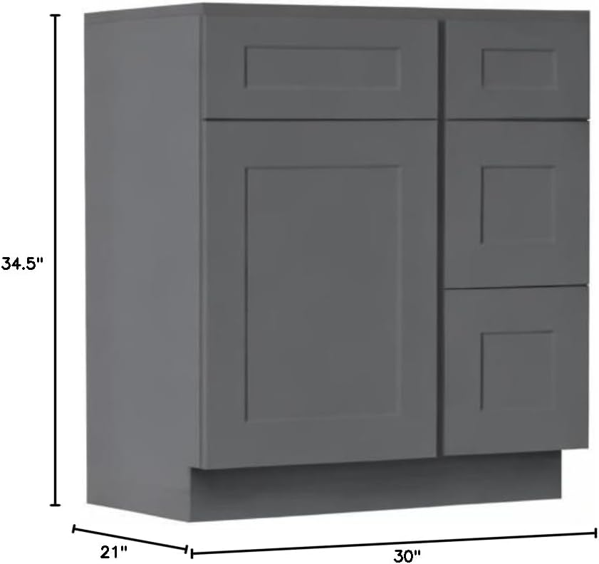 Riley & Higgs Shaker Bathroom Vanity Sink Base with Drawers on the Right - Wood Bathroom Vanities with Storage, 30 Inch Wide x 34.5 Inch High x 21 Inch Deep (Gray)