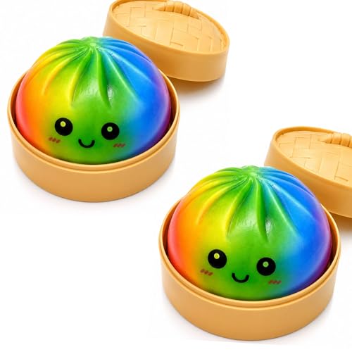 Met-edianger 2pcs Rainbow Dumpling Toys with Steamer Box Funny Squeeze Dough Stress Ball Realistic Steamed Bun Fidget Sensory Toy for Desk Anxiety Relief Calming Travel Accessory Gift