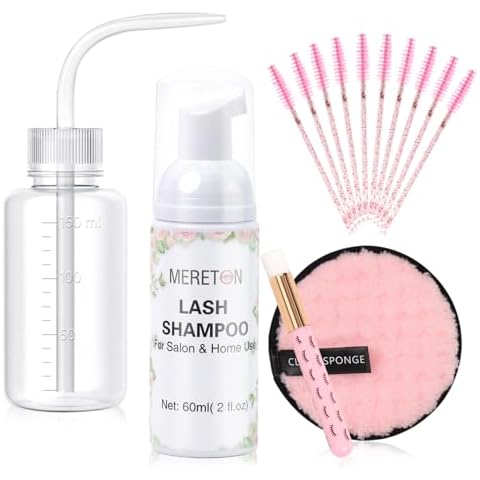 MERETON Lash Shampoo Kit for Lash Extensions, Eyelash Extension Cleanser Lash Cleaner Lash Cleaning Kit for Cluster Lashes Lash Bath with Makeup Pad+ Brush+Rinse Bottle, Oil Free Foam Cover