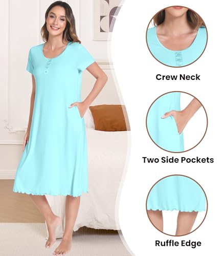 Image of NACHILA Bamboo Viscose Nightgown for Women Short Sleeve Crew Neck Sleepwear