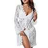 LYSINK Women Lace Cover Up Sexy Lace Floral Bikini Cover Ups Long Sleeves V Neck Cutout Crochet Mini Dress Summer Beachwear (Ba White, L) #2