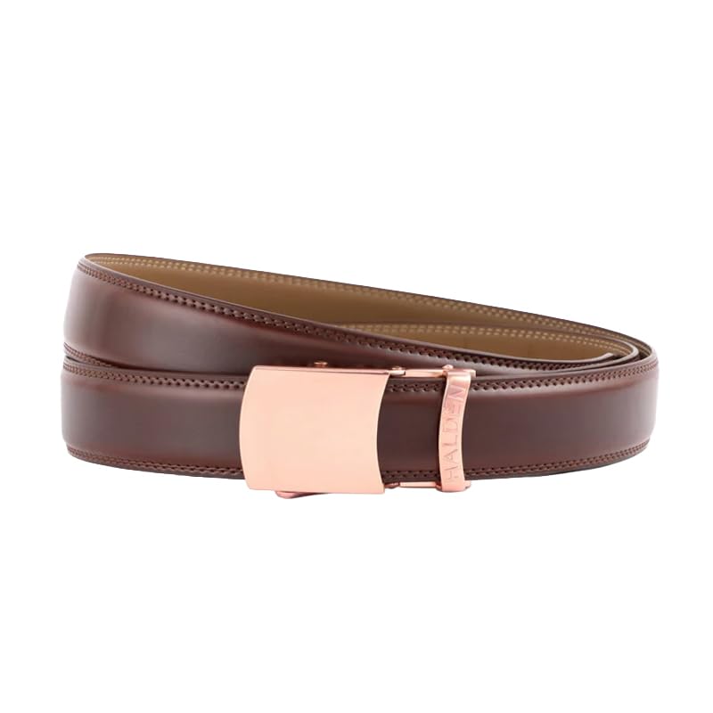 Image of HALDEN BURLEY Men's Brown Ratchet Belt | Auto-Lock Leather Formal Belt with Magnetic Buckle | Adjustable Free Size Fits Up to 44 Inch Waist