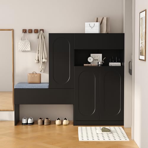 FAYICIC Moderno zapatero 2 en 1 con puertas abovedadas, puerta plegable con función de cierre suave, compartimentos ajustables en altura y asiento acolchado, 130 × 35 × 110 cm (negro)
