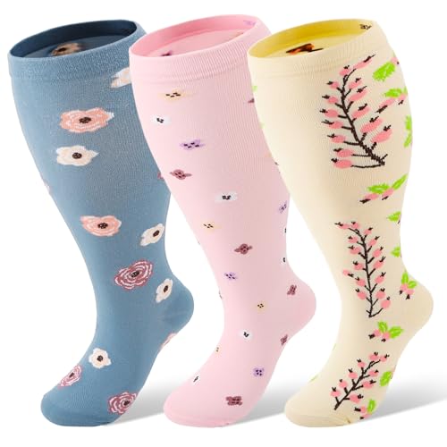 soxitoevy 3 Pairs Plus Size Compression Socks Wide Calf 15-20 mmHg Knee High Compression Socks Cute Floral Pattern for Women -Morandi Hand-Drawn Edition(3X-Large)