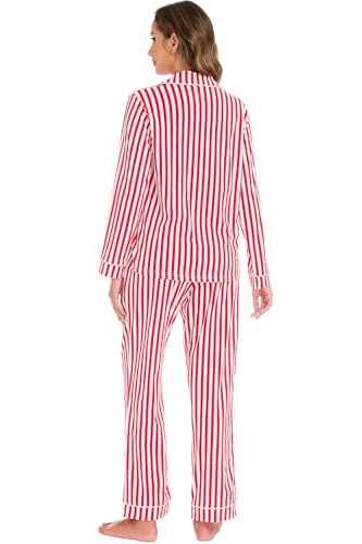 Image of LUBOT 100% Cotton Pajamas for Women 2 Piece PJ Set Button Down Long Sleeve Soft Comfy with Pockets Printed Patterned Sleepwear Loungewear (Red Stripe, XS)