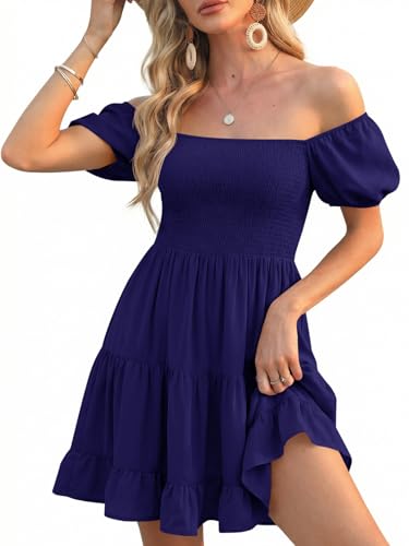 Image of Veatzaer Women's Puff Sleeve Square Neck Smocked Babydoll Dress Boho Floral Print Off Shoulder Ruffle Mini Short Dress
