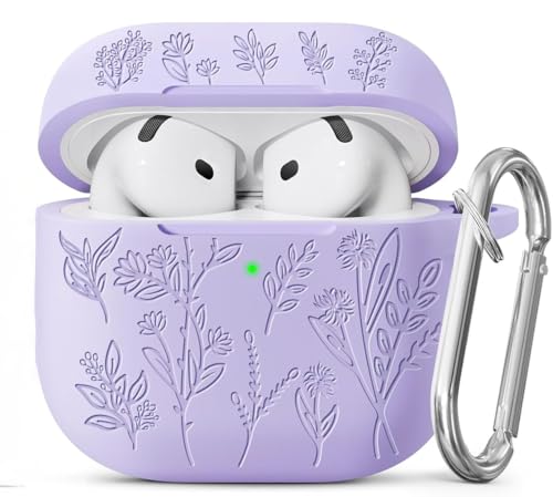 Image of Meyaar Silicone Case for AirPods 4 Floral Embossed, Flower Engraved Soft Silicone Cover with Keychain, Anti-Scratch, Shockproof Protective Case Cover(Purple, for AirPods 4 (2024)