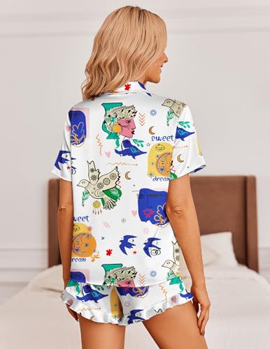 Image of Ekouaer Womens Satin Pajamas Set Button Down 2 Piece Silk Pjs Shorts Set Ruffle Lingerie Notch Collar Sleepwear