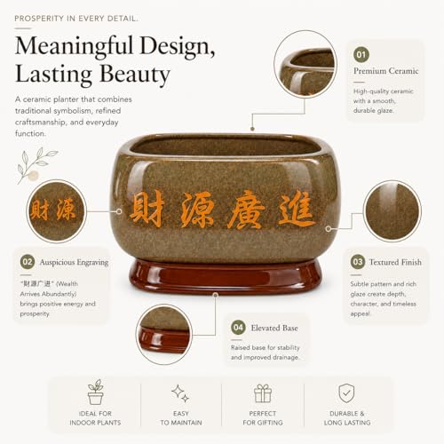 Image of Xtore Prosperous Oriental Ceramic Planter with Decorative Stand | Artistic Tabletop Flower Pot for Bonsai, Succulents, Indoor Plants & Elegant Home Decor (Brown, Planter only)