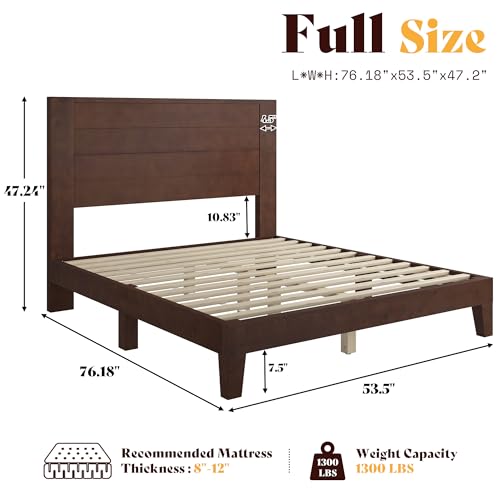 Image of AMERLIFE Full Size Bed Frame with 48 inch Tall Headboard, Mid Century Modern Solid Wood Platform Bed with Silent Wood Slat System, No Box Spring Needed, Under-Bed Storage, Dark Walnut