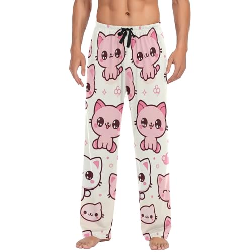 Men's Pajama Pants Cats Pink White Sleep Pajama Lounge Pant with Pockets, Elastic Waistband