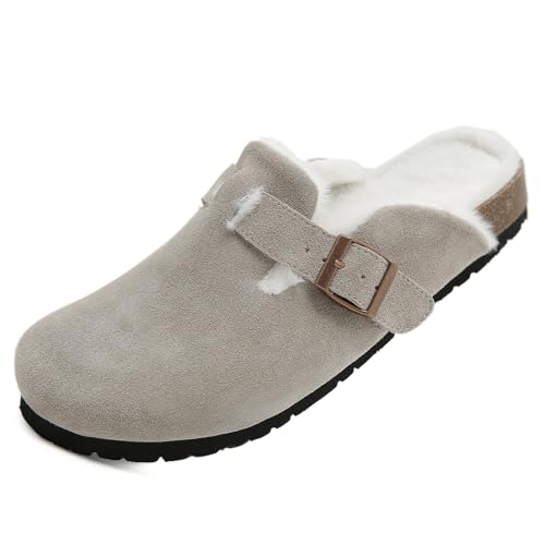 Womens Fur Lined Suede Clogs Fuzzy Cork Footbed Mules Slip On Winter Potato Shoe Leather Clogs Adjustable Buckle Cork Non-Slip Slippers Home Sandals (Taupe,8)