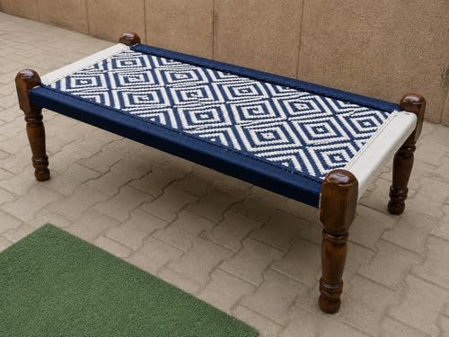 Image of Handwoven Wooden Bench | Traditional Rope Charpai Stool | Solid Wood Frame Seating for Living Room, Balcony & Outdoor | Durable & Stylish Design (Blue & White Finish)