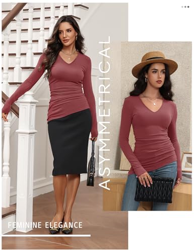 METHE & CIEL Women Long Sleeve V Neck Shirts Dressy Casual Asymmetrical Slim Fitted Ruched Fall Tops Trendy Tunic Blouse2