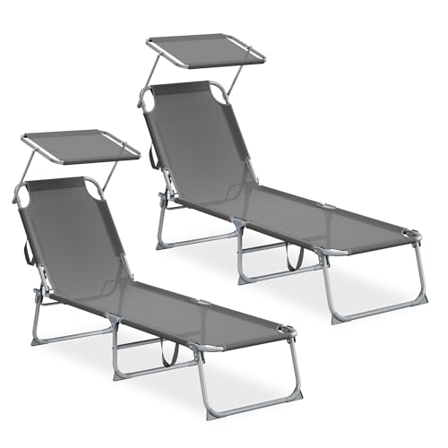 SONGMICS Chaises Longues Pliantes, 189 x 53 x 28,5 cm, Transats Jardin Extérieur, Chaque Chaise Supporte 110 kg, Pare-Soleil et Dossier Réglables, pour Terrasse,...
