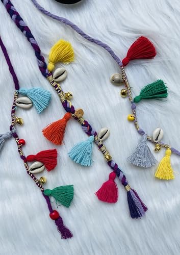 Image of Zippy Flora Boho Handmade Colorful Hair Strings for Navratri, Ethnic Look & Bohemian Styling, Braided Thread Hair Accessories & Hair Extensions, Full Length 20-22 Inch, Purple