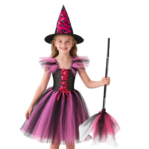 HarnyLoom Deguisement Sorciere Fille, Costume Sorciere Enfant Halloween Violet Robe Princesse avec Chapeau Balai de Sorcière Cosplay Fete pour Fille 2 à 12 Ans (Rose Rouge, 130 (8-9 ans))