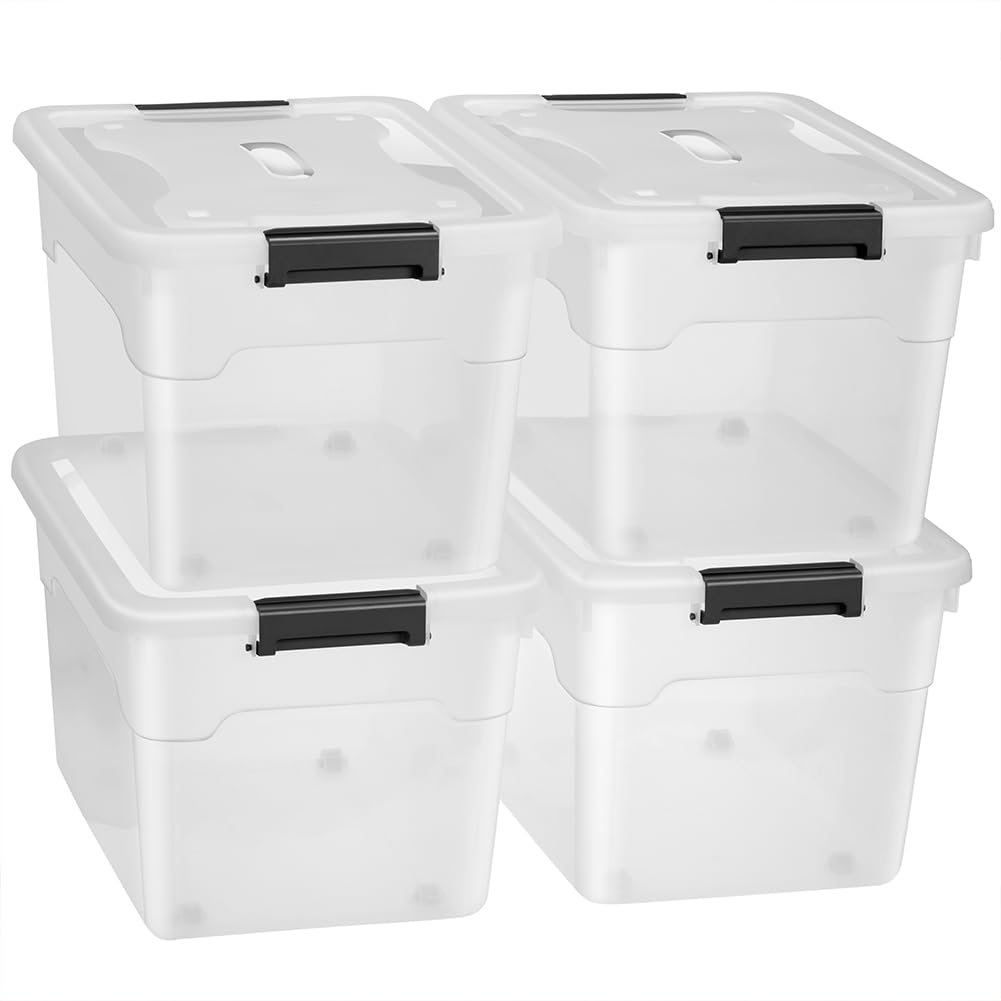 BAKAJI Juego de 4 contenedores con tapa para ropa de plástico con ruedas, portaobjetos apilables para almacenamiento de ropa, cajas para armario, juguetes, libros, ahorra espacio (4 x 45 l alto)