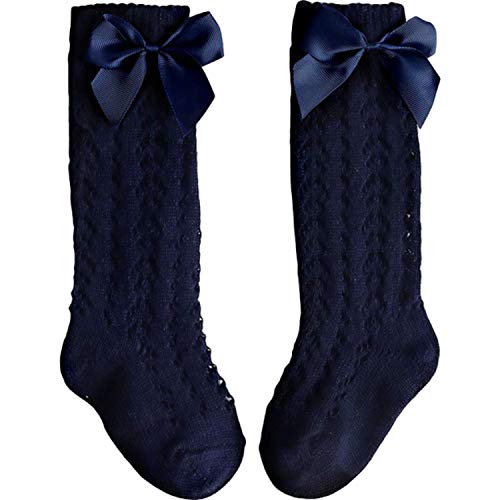 AYIYO Baby Girl Knee-High Socks Toddlers Bow Stockings Newborn Infant Princess Frilly Socks (Navy blue, 7-9 Years)