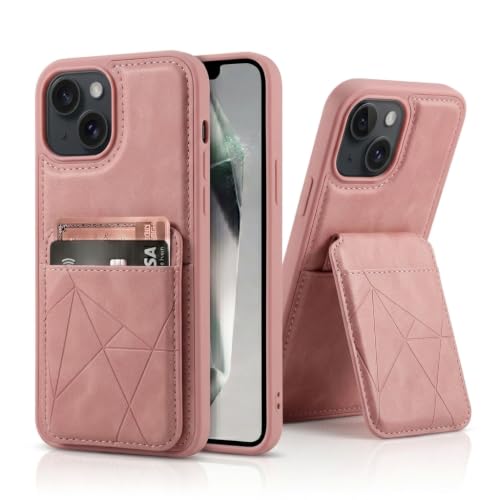 Image of amazon basics Premium Vegan Leather Back Cover with Card Holder and Integrated Mobile Stand for iPhone 15 - Slim Shockproof Wallet Case with Geometric Stitching [Pink]