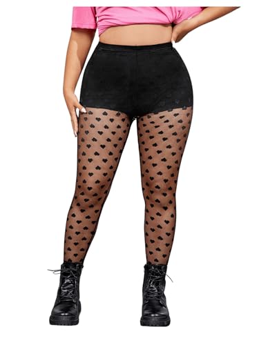 OYOANGLE Women's Plus Size Heart Print Mesh Sheer Pantyhose High Waist Control Top Stockings Footless Tights