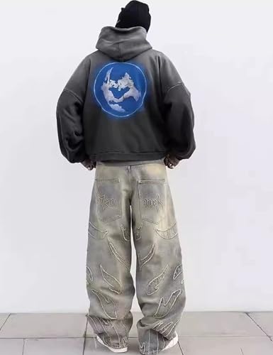 Y2k Ripped Wide Leg Jeans Men Denim Baggy Pant Oversized Hip Hop Flame Splicing Jeans Vintage Skater Pants4