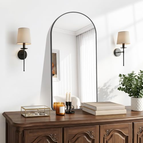 Image of BONEWEI Arched Wall Mirror,18x36 inch Black Arched Mirror Bathroom,Vanity Mirror for Over Sink Metal Frame,Tempered Glass Arch Mirrors for Bedroom,Entryway,Living Room,Home Decor Shatter-Proof