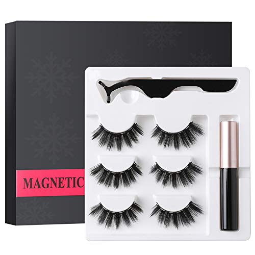 ASIXBR 3 Pairs Magnetic Eyelashes Handmade False Eyelashes Set Professional Eyelashes 3D Black Dual Magnetic Fake Lashes with Applicator Eyelashes Mascara and Eyelash Tweezers-No Glue Needed