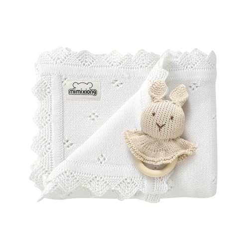 Image of mimixiong Cotton Baby Blanket Knitted Crochet Receiving Crib Nursery Swaddling Blankets for Newborn Baby Boy Girl with The Bunny Rattle (Snow White)