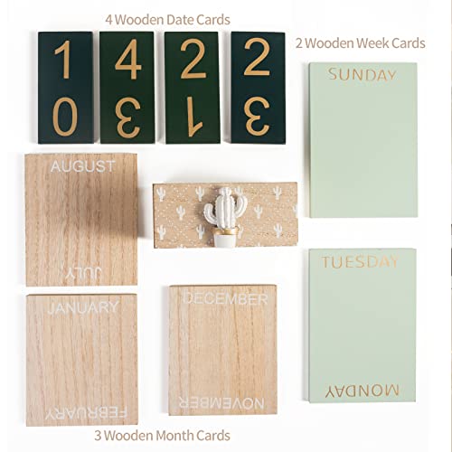 Perpetual Desk Calendar, Wooden Calendar Vintage Office Supplies Block Home Office Aesthetic Boho Desk Accessories Green Cactus Decor Gift — view 4