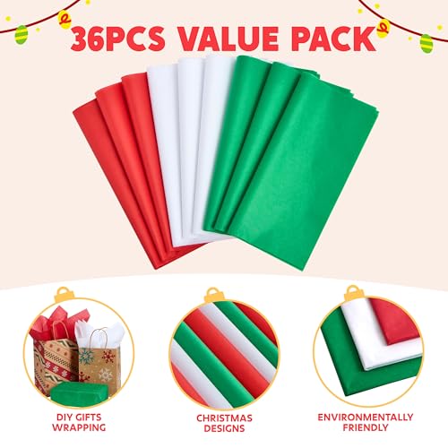 JOYIN 36 folhas de papel de seda de Natal (vermelho, verde e branco), papel de embrulho de 50,8 cm x