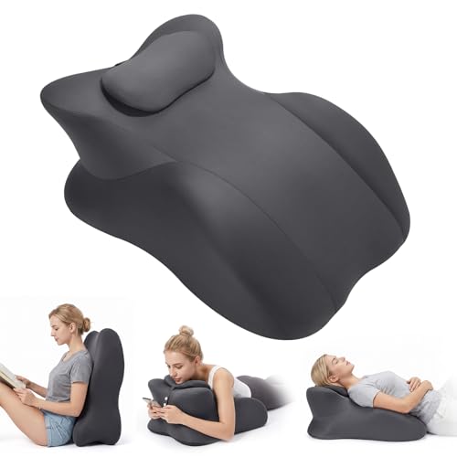 JOVELL Oreiller Ergonomique en Mousse Mémoire Coussin de Lecture, Coussin Incliné à 27° Coussin Couple pour Confort Assis, Soulagement Dos/Cou/Jambes, Housse Amovible (Grande Taille, Gris)