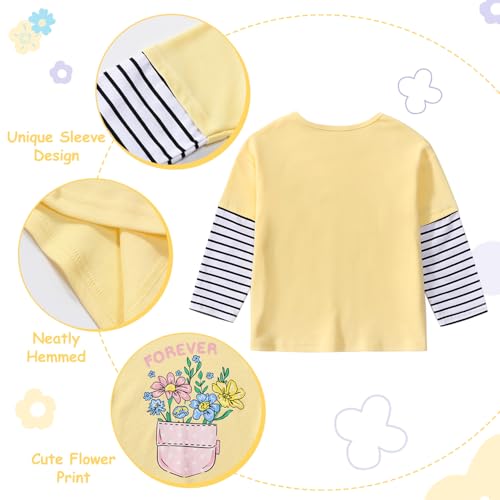 Toddler Girls Long Sleeve Top, Light Yellow Girls Fall T-Shirt, Casual Striped Crew Neck Bottom Shirt2