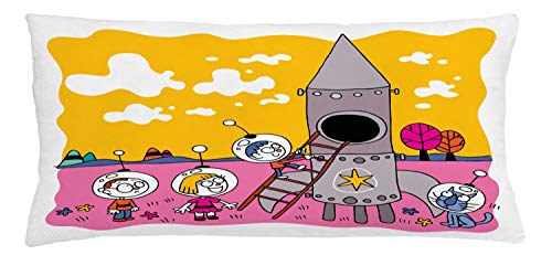 Lunarable Cartoon Throw Pillow Cushion Cover, Hero Astronaut with Rocket Space Ship Dream Fun Art Print, Decorative Square Accent Pillow Case, 36