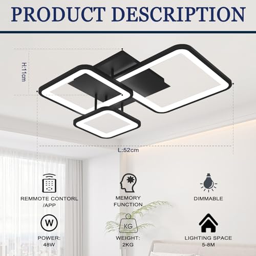 Plafonnier carré variable LED 52cm avec appli et télécommande pour salon