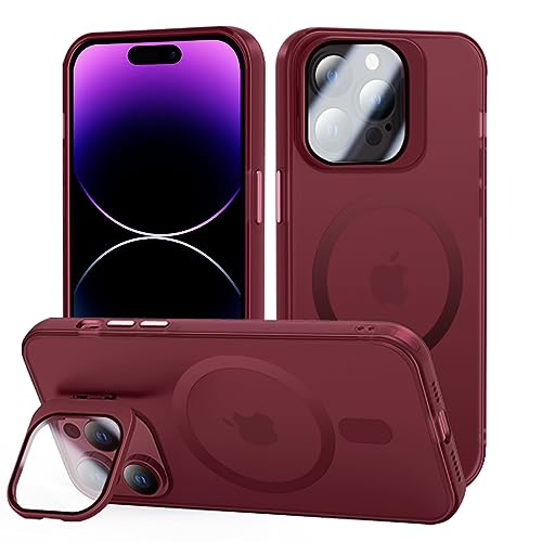 tigratigro Cover con Cavalletto,Compatibile con iPhone 14 Pro,Protezione Fotocamera H9 vetro temperato,Custodia Posteriore Glassata Traslucida, Anti-Impronte,Sensazione di Velluto (Rosso Scuro)
