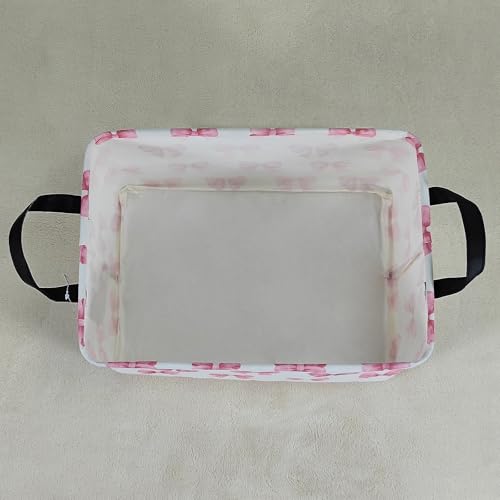 Image of Rectangular Pink Bow Closet Storage Bin, Foldable Clothes Organizer | Moisture-proof premium canvas, reinforced side grips, compact narrow rectangular bin for wardrobe, bedroom, hallway, bathroom