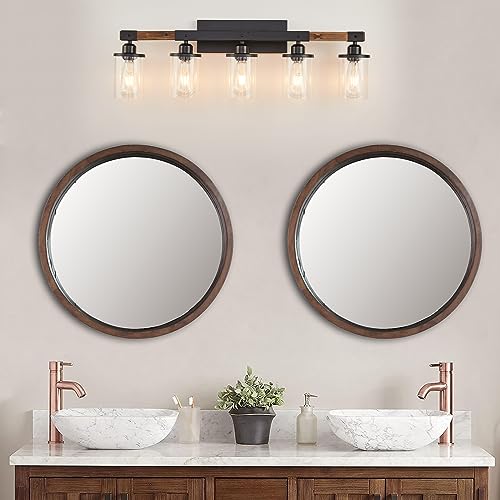 Image of 5-Light Bathroom Vanity Light Fixtures, Farmhouse Vanity Lights for Bathroom, Rustic Industrial Vintage Black Wood Wall Sconce Over Mirror with Clear Glass Shade