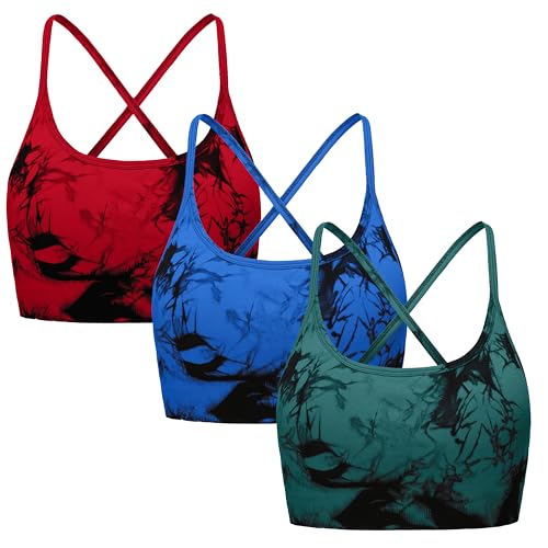 OVESPORT 3 Piece Women's Workout Sports Bras Seamless Tie-dye Strappy Gym Yoga Crop Bra Small Sapphire/Cyan/Red