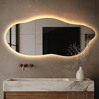 Tulup Großer Spiegel mit Beleuchtung LED 45x100 cm Organische Form für Badezimmer Wohnzimmer Vorzimmer Schminkspiegel Asymmetrischer Warme Farbe Rahmenlos Minimalistisch Wanddekoration Wellenförmig – Ansicht 2