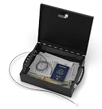 Fire Retardant Strong Box w/Security Cable, Fire Resistant Steel Locking Chest w/Tether, Safeguard Vital Documents, Medicine, Money, 0.24 Cubic Ft, 12'x10'x3.5' Interior, Black