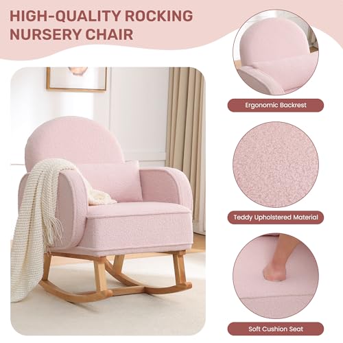 Image of HCHAIRH Rocking Chair Nursery with Ottoman, Upholstered Glider Rocker with High Backrest and Side Pocket, Rocking Accent Armchair with Solid Wood Legs for Nursery /Living Room /Bedroom Pink