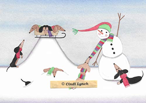 12 Christmas Cards: Dachshunds (Doxies) Frolic in Winter with Snowman/Lynch Folk Art