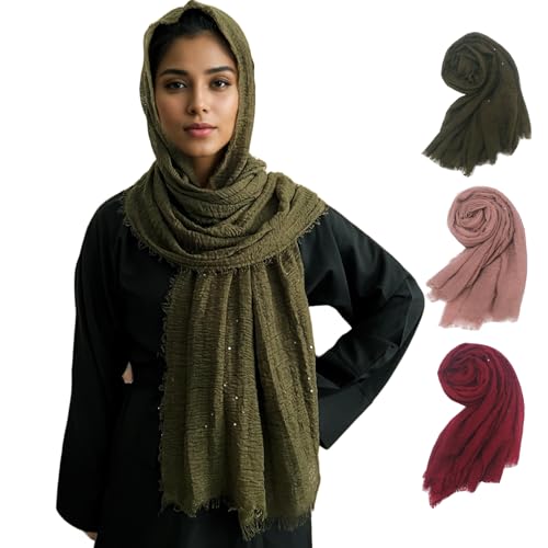 3PCS Gauze Cotton Sequins Scarf Shawl Crinkle Soft Headwraps Muslim Hijab