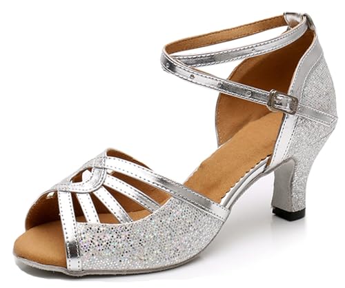 MINITOO Bequem Frauen Latin Salsa Schuhe Glitzer Abend Hochzeit Sandalen X025 Silber 6cm Absatz EU 42