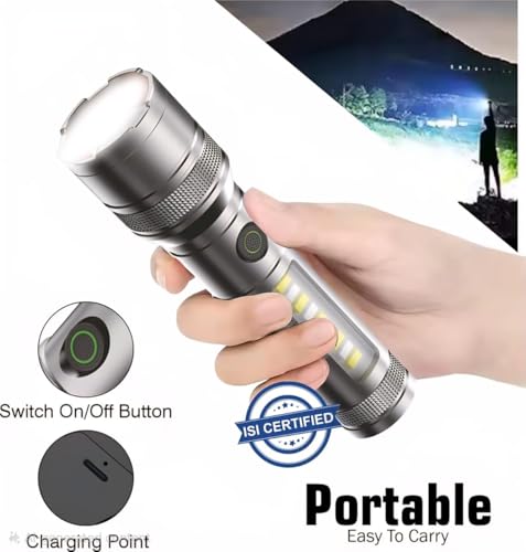 Image of RL-M41 100W+100W Metal Torch Light | Super Bright LED Flashlight with 7 Light Modes, Type-C Charging & Telescopic Zoom | Long Distance Range for Outdoor & Emergency Use (Grey)