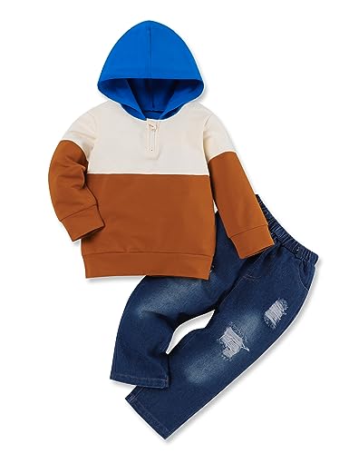 Image of Gaupafmb Baby Boy Clothes Toddler Boy Outfits Long Sleeve Hoodie Sweatshirts and Ripped Jeans 2Pcs Outfits Set